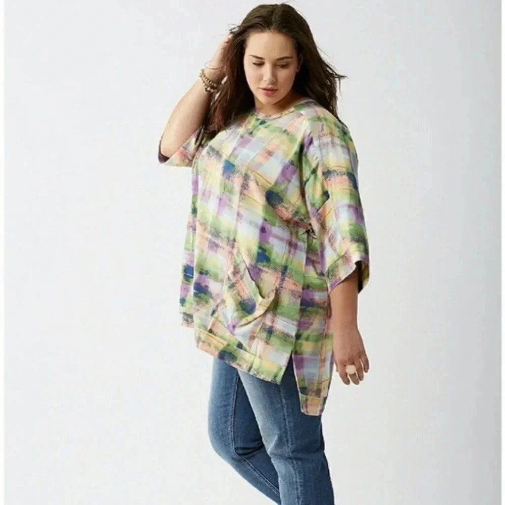 MELISSA MCCARTHY SEVEN7 Plus Size 2X Plaid Pastel Tunic Top Blouse Pockets